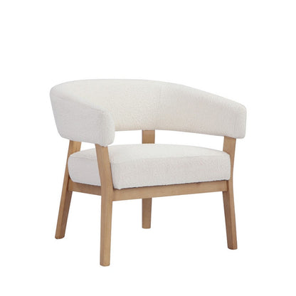 29 Inch Lounge Chair, Boucle Seat, Curved Wishbone Back, White, Brown