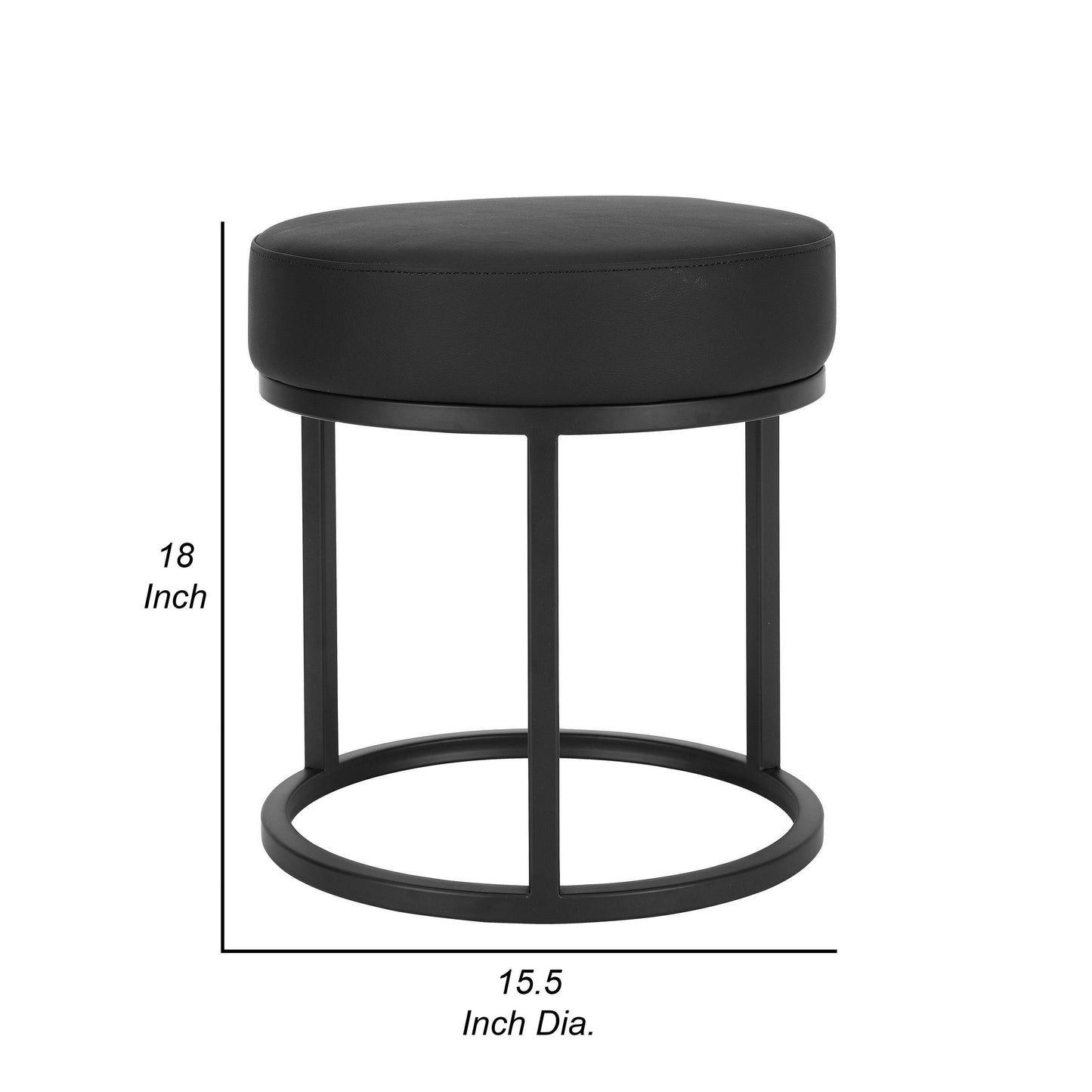 18 Inch Accent Stool Ottoman, Round Seat, Open Metal Frame, Black Finish