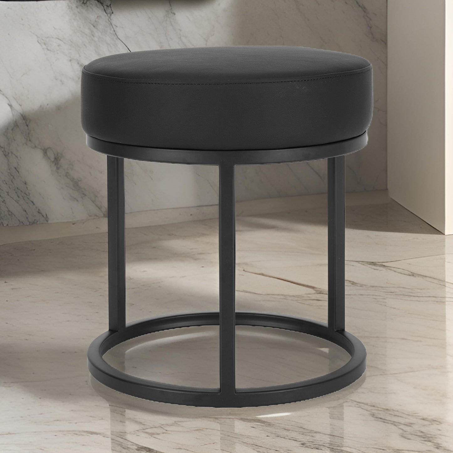 18 Inch Accent Stool Ottoman, Round Seat, Open Metal Frame, Black Finish