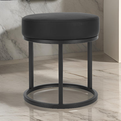 18 Inch Accent Stool Ottoman, Round Seat, Open Metal Frame, Black Finish