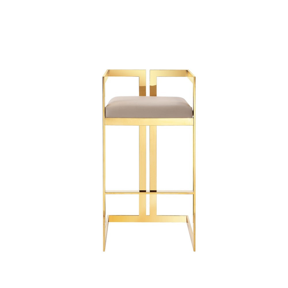 Suki 30 Inch Barstool Chair, Beige Faux Leather Seat, Stainless Steel, Gold