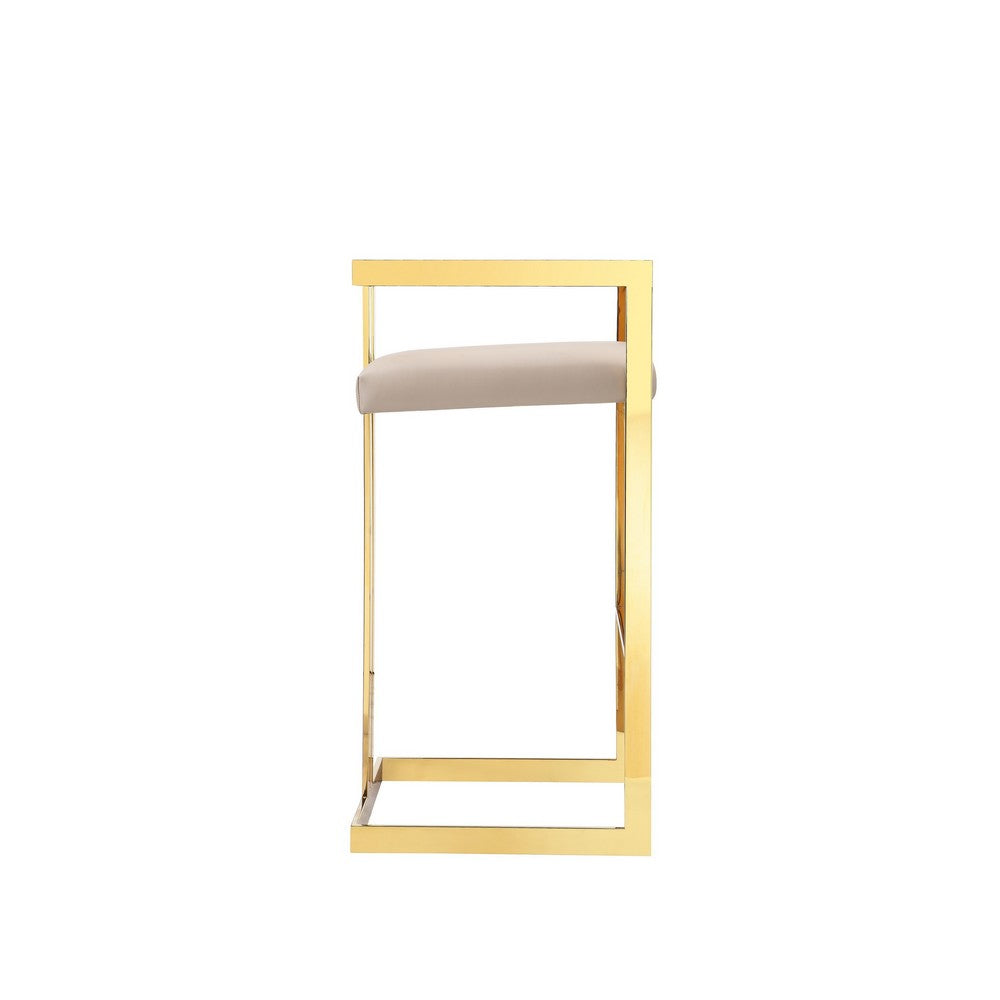 Suki 30 Inch Barstool Chair, Beige Faux Leather Seat, Stainless Steel, Gold