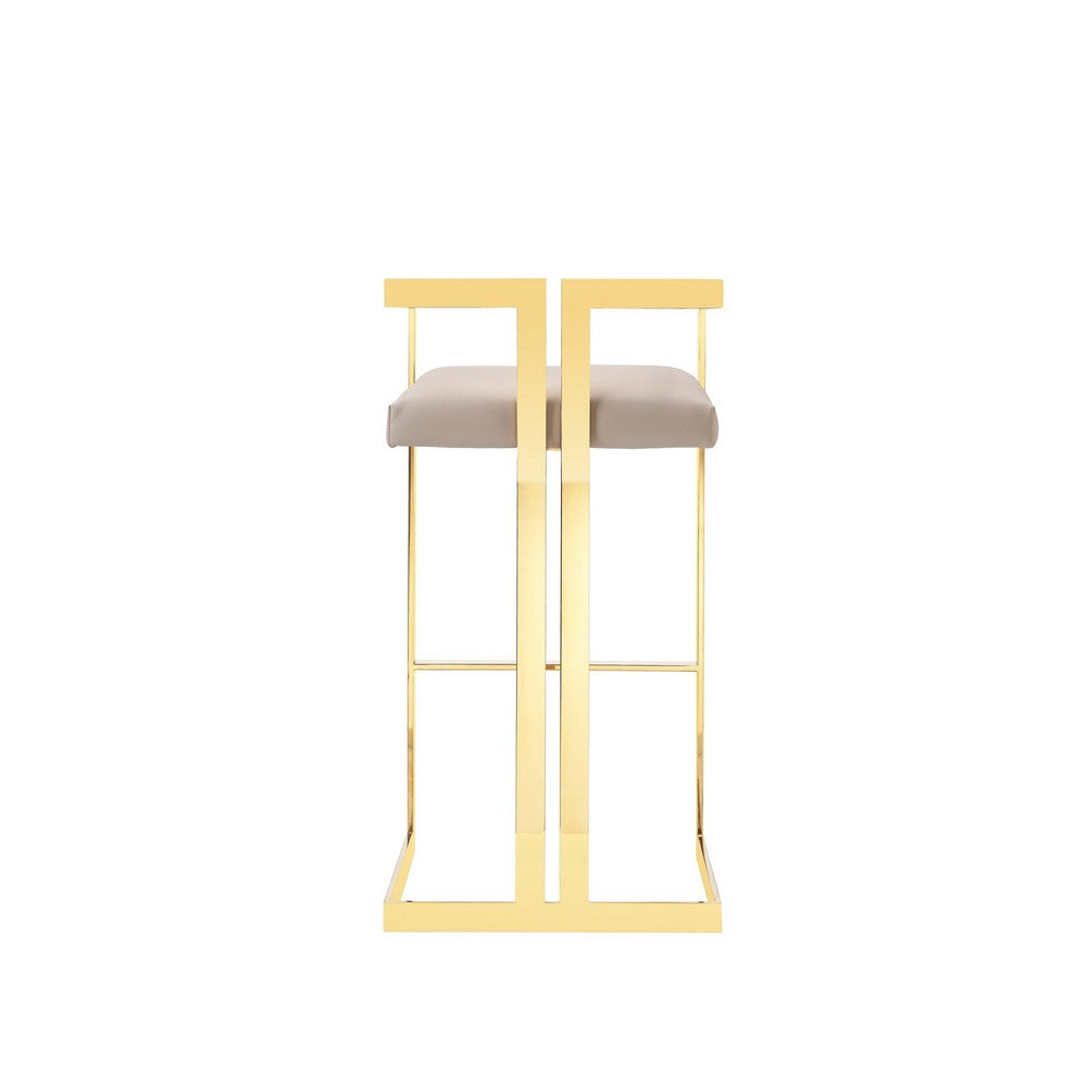 Suki 30 Inch Barstool Chair, Beige Faux Leather Seat, Stainless Steel, Gold