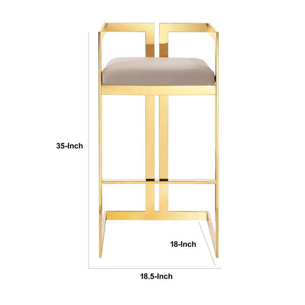 Suki 30 Inch Barstool Chair, Beige Faux Leather Seat, Stainless Steel, Gold