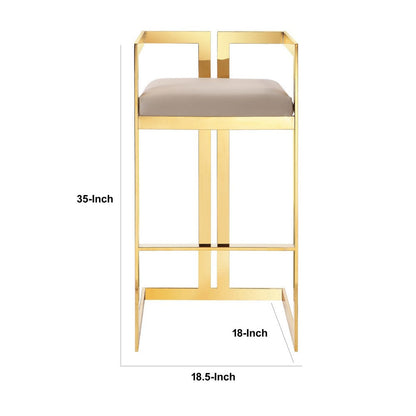 Suki 30 Inch Barstool Chair, Beige Faux Leather Seat, Stainless Steel, Gold