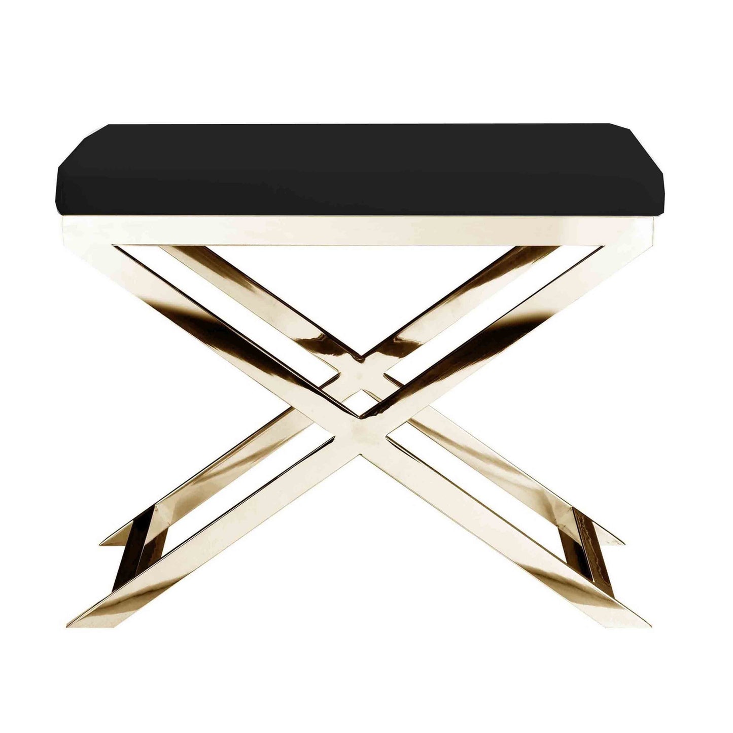 Sovi 20 Inch Ottoman Stool, Black Faux Leather, Stainless Steel Frame, Gold
