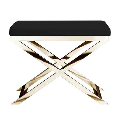 Sovi 20 Inch Ottoman Stool, Black Faux Leather, Stainless Steel Frame, Gold