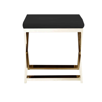 Sovi 20 Inch Ottoman Stool, Black Faux Leather, Stainless Steel Frame, Gold