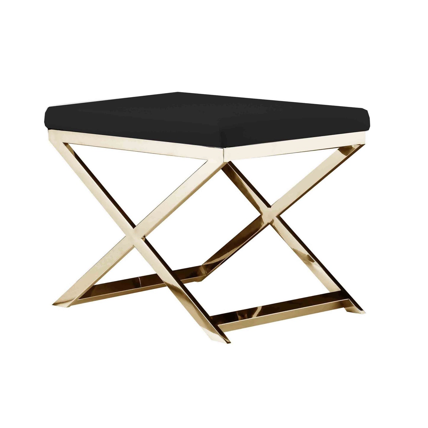 Sovi 20 Inch Ottoman Stool, Black Faux Leather, Stainless Steel Frame, Gold