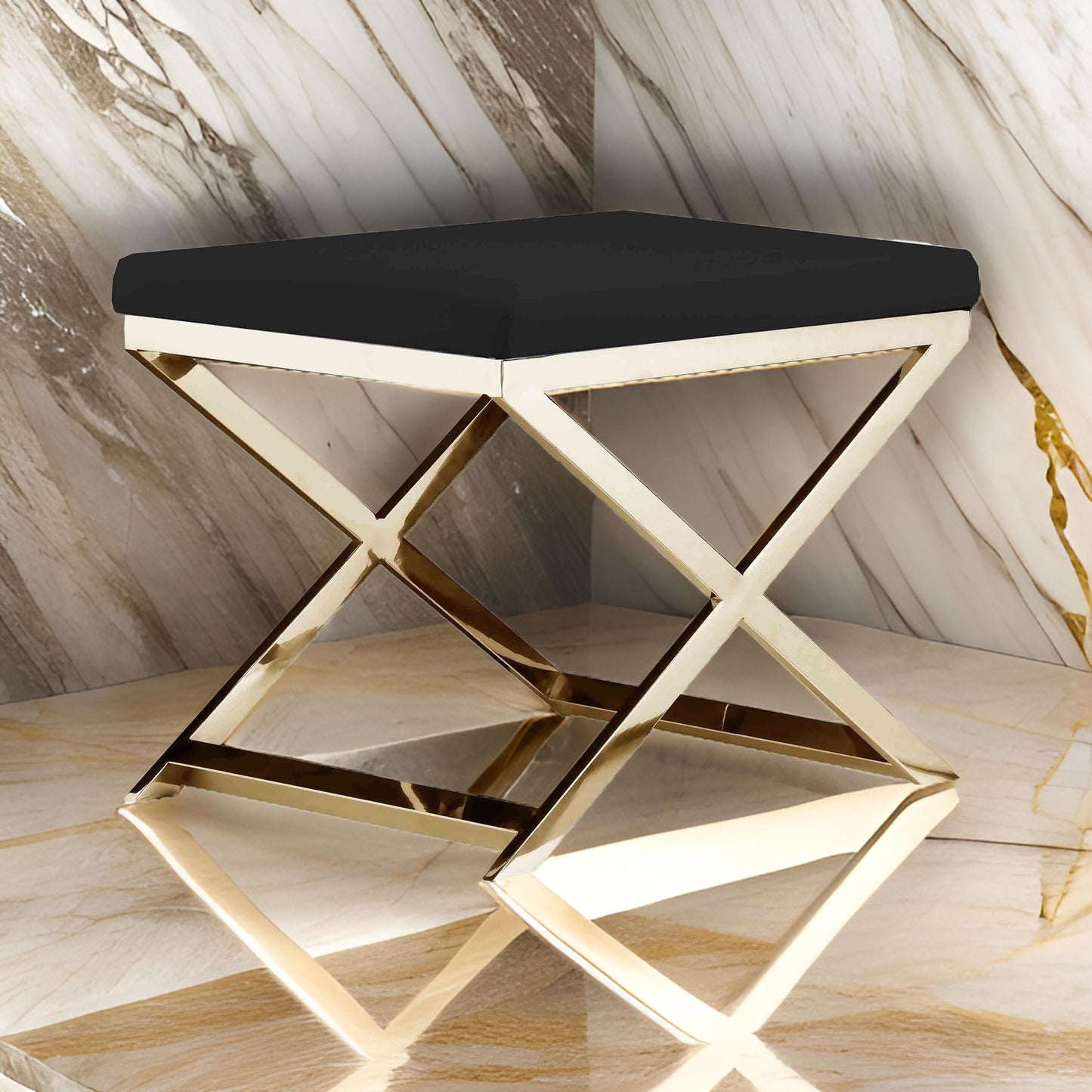 Sovi 20 Inch Ottoman Stool, Black Faux Leather, Stainless Steel Frame, Gold