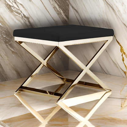 Sovi 20 Inch Ottoman Stool, Black Faux Leather, Stainless Steel Frame, Gold
