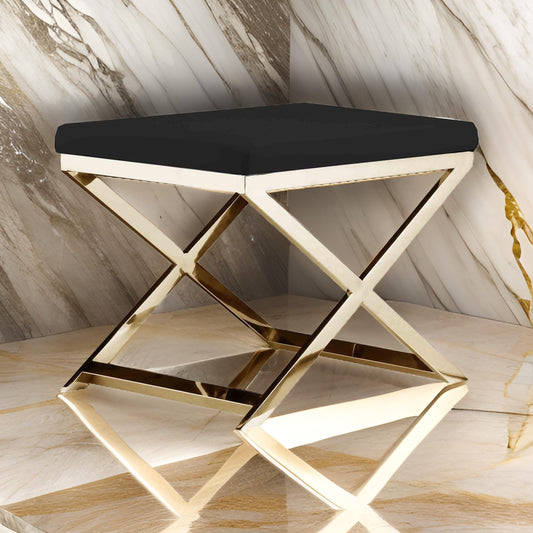 Sovi 20 Inch Ottoman Stool, Black Faux Leather, Stainless Steel Frame, Gold