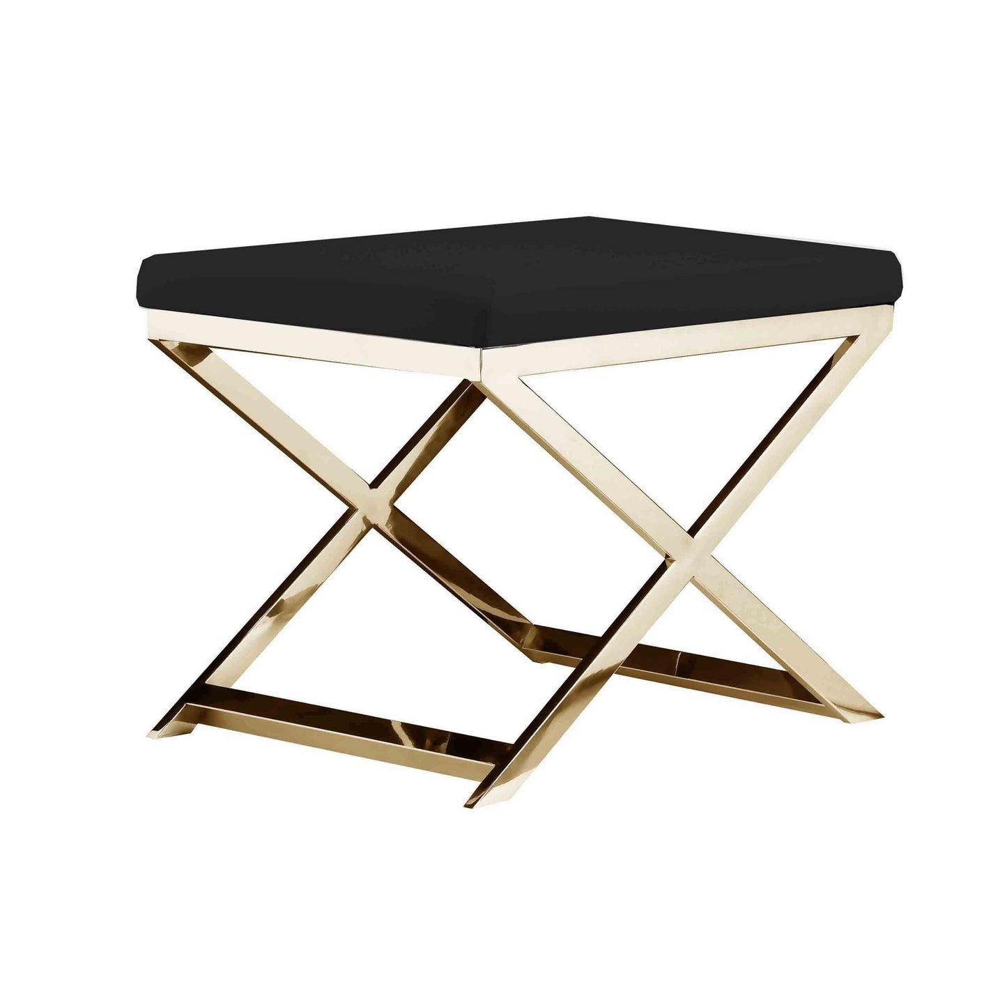Sovi 20 Inch Ottoman Stool, Black Faux Leather, Stainless Steel Frame, Gold