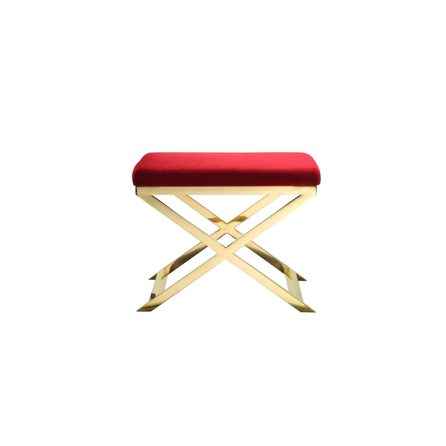 Sovi 20 Inch Ottoman Stool, Maroon Velvet Seat, Stainless Steel Frame, Gold