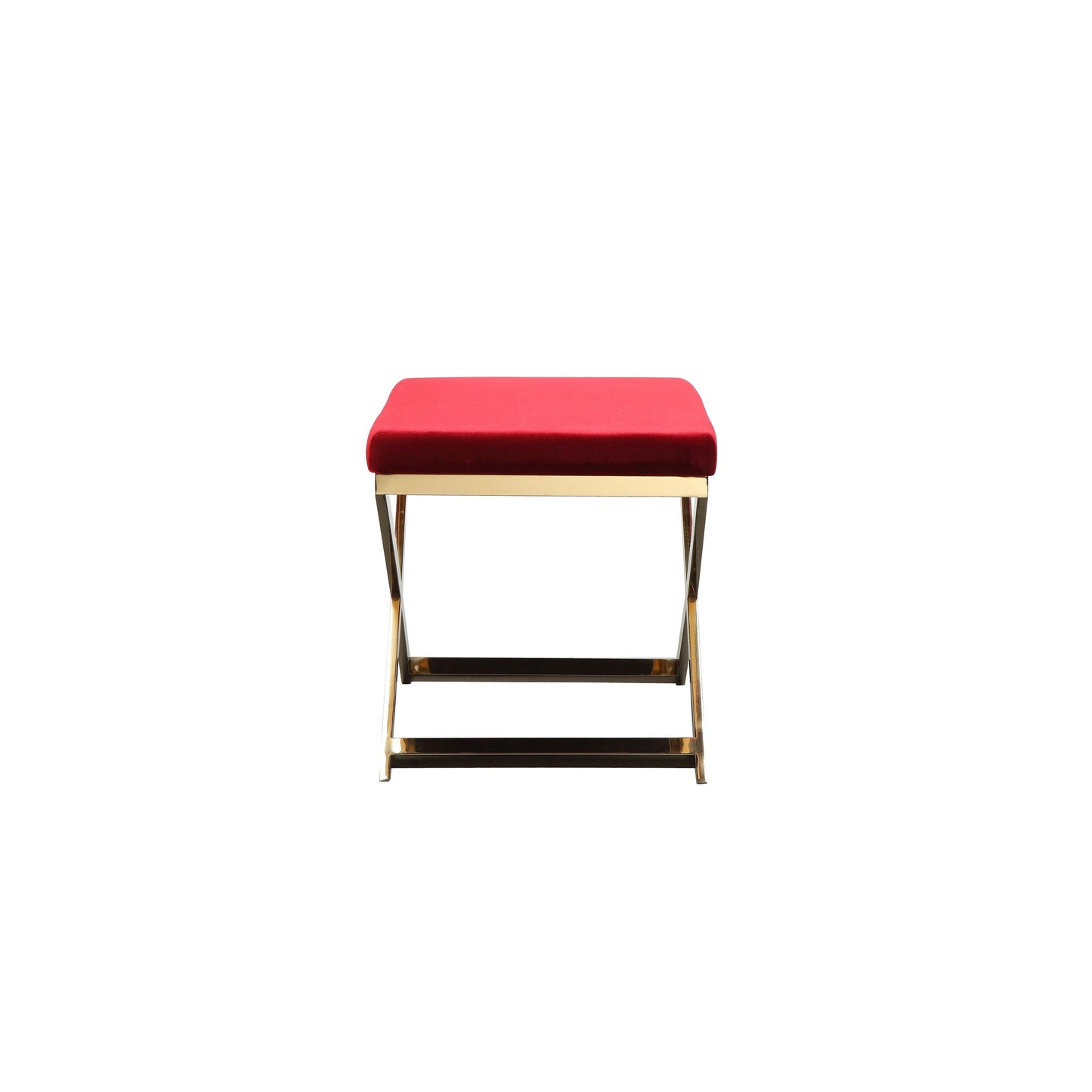 Sovi 20 Inch Ottoman Stool, Maroon Velvet Seat, Stainless Steel Frame, Gold