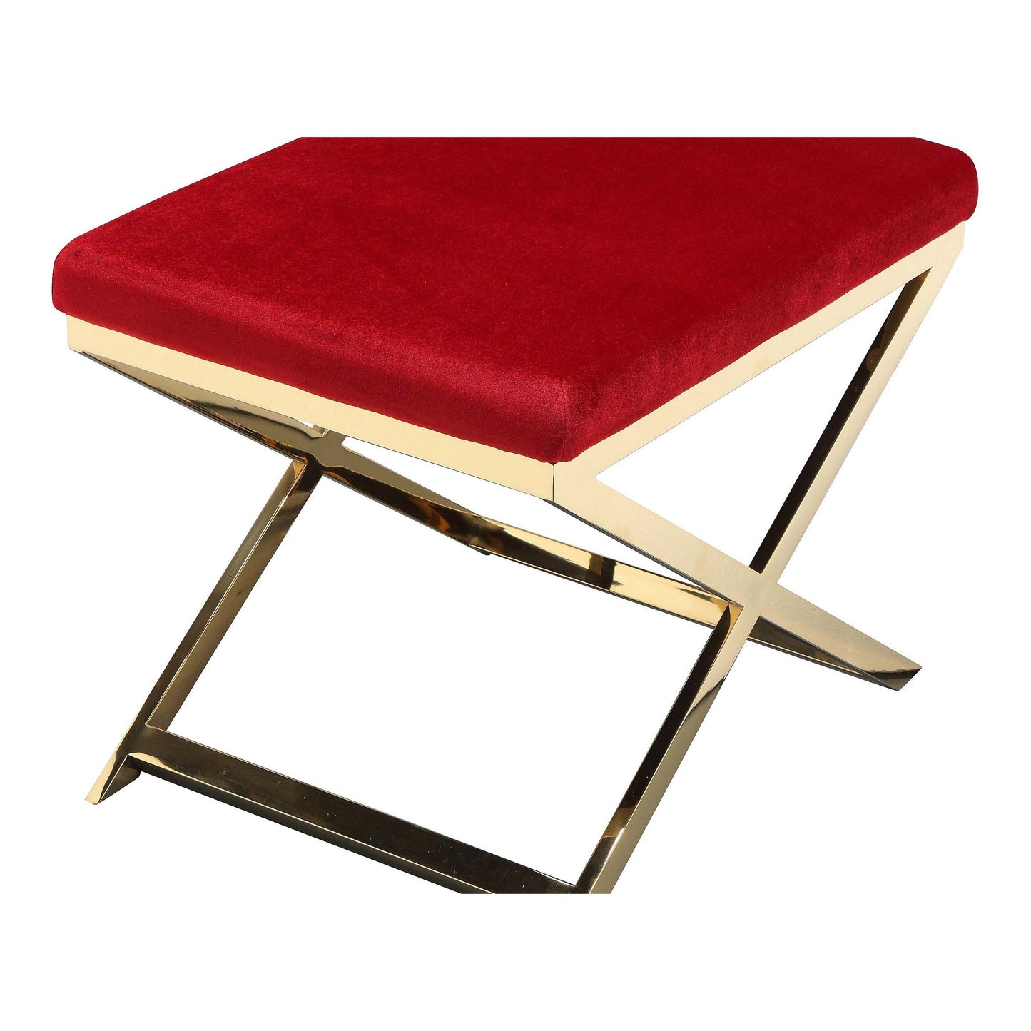 Sovi 20 Inch Ottoman Stool, Maroon Velvet Seat, Stainless Steel Frame, Gold