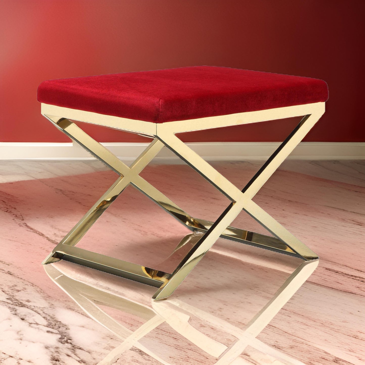Sovi 20 Inch Ottoman Stool, Maroon Velvet Seat, Stainless Steel Frame, Gold