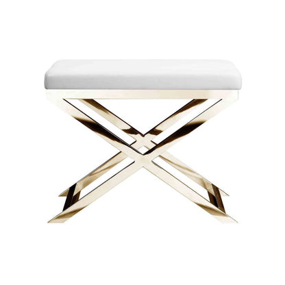 Sovi 20 Inch Ottoman Stool, White Faux Leather Seat, Stainless Steel Frame, Gold