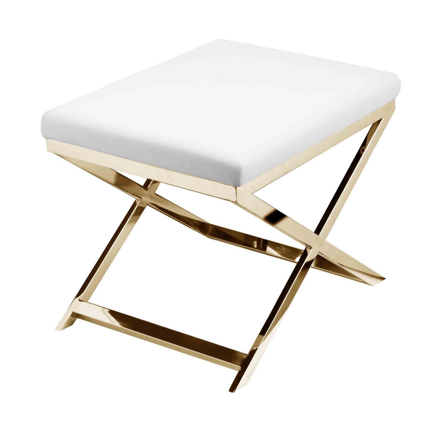 Sovi 20 Inch Ottoman Stool, White Faux Leather Seat, Stainless Steel Frame, Gold