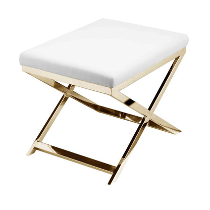 Sovi 20 Inch Ottoman Stool, White Faux Leather Seat, Stainless Steel Frame, Gold