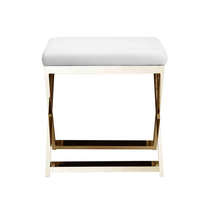 Sovi 20 Inch Ottoman Stool, White Faux Leather Seat, Stainless Steel Frame, Gold