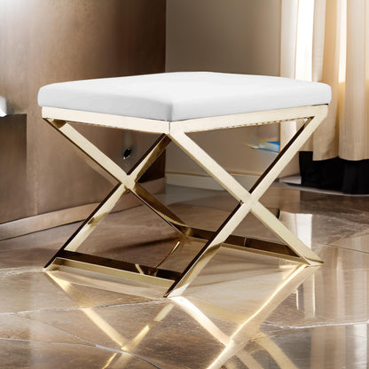 Sovi 20 Inch Ottoman Stool, White Faux Leather Seat, Stainless Steel Frame, Gold