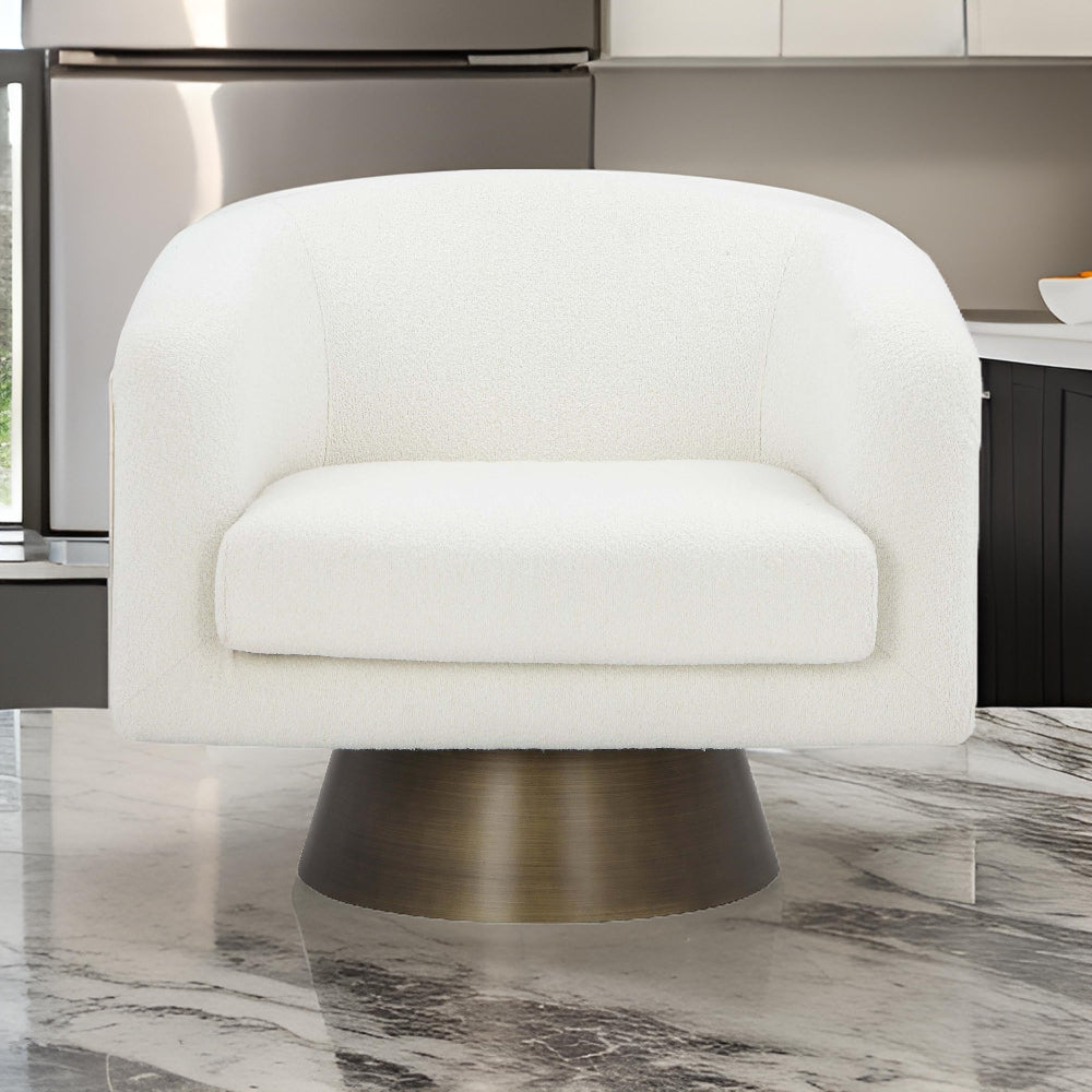Tola 33 Inch Lounge Chair, Round Frame, White Boucle Fabric, Brass Base
