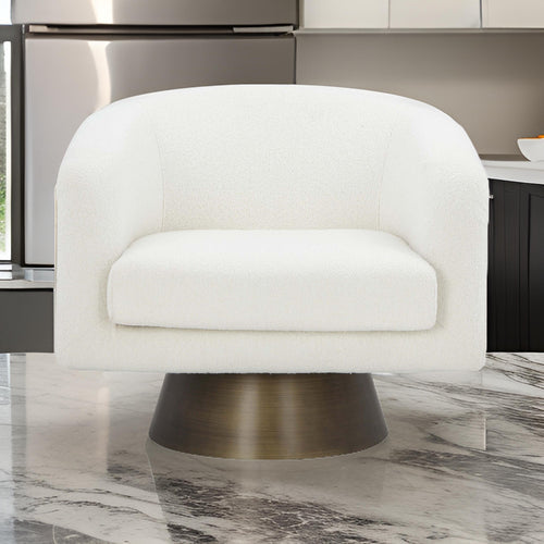 Tola 33 Inch Lounge Chair, Round Frame, White Boucle Fabric, Brass Base