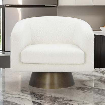 Tola 33 Inch Lounge Chair, Round Frame, White Boucle Fabric, Brass Base
