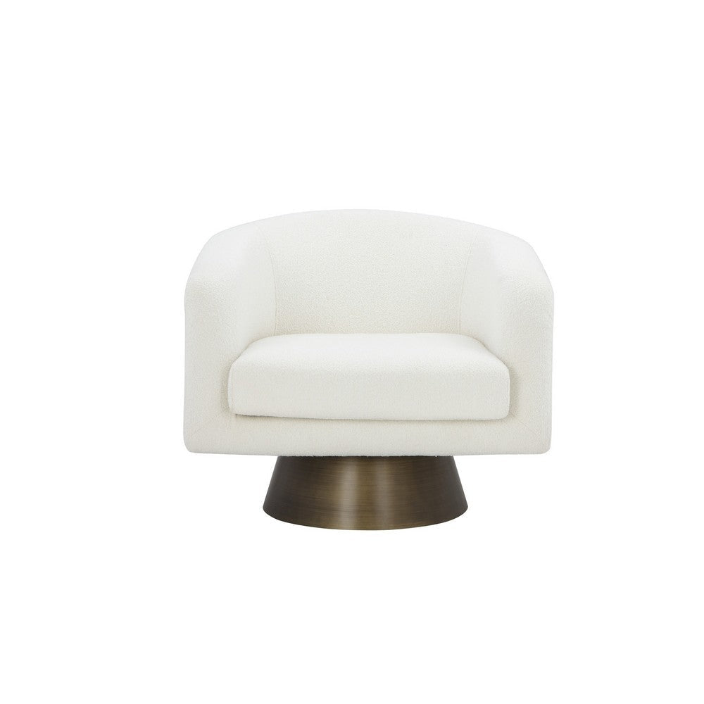Tola 33 Inch Lounge Chair, Round Frame, White Boucle Fabric, Brass Base