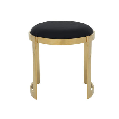 Niyo 19 Inch Ottoman Stool, Round Black Faux Leather, Stainless Steel, Gold