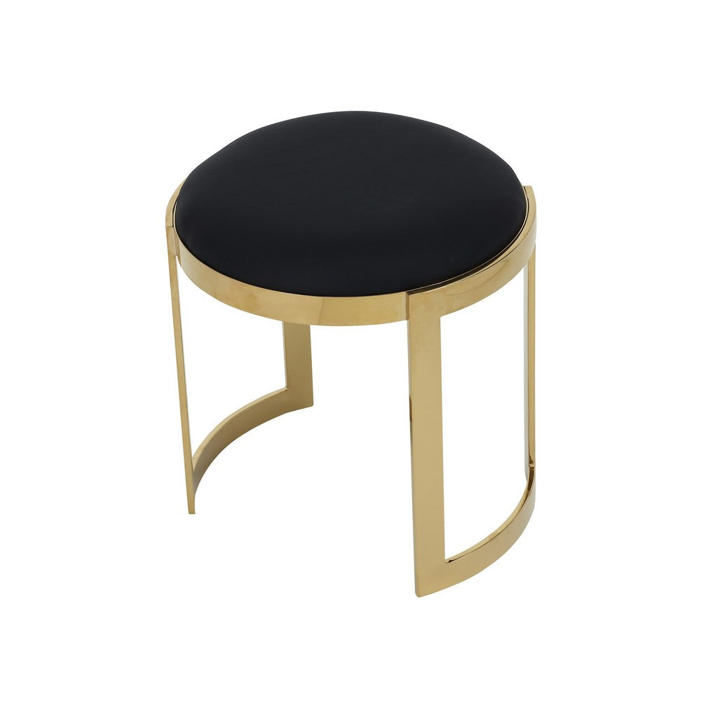 Niyo 19 Inch Ottoman Stool, Round Black Faux Leather, Stainless Steel, Gold