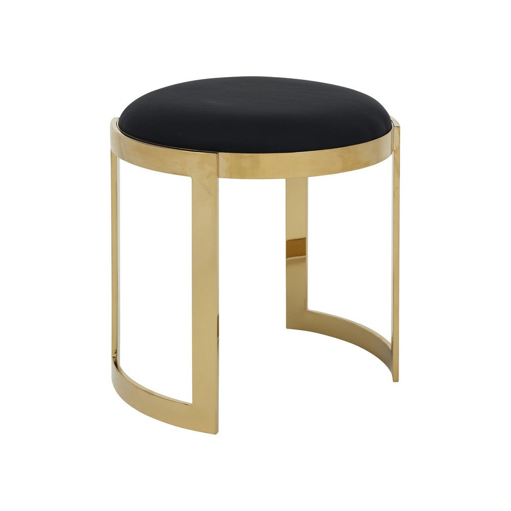 Niyo 19 Inch Ottoman Stool, Round Black Faux Leather, Stainless Steel, Gold