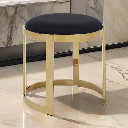 Niyo 19 Inch Ottoman Stool, Round Black Faux Leather, Stainless Steel, Gold
