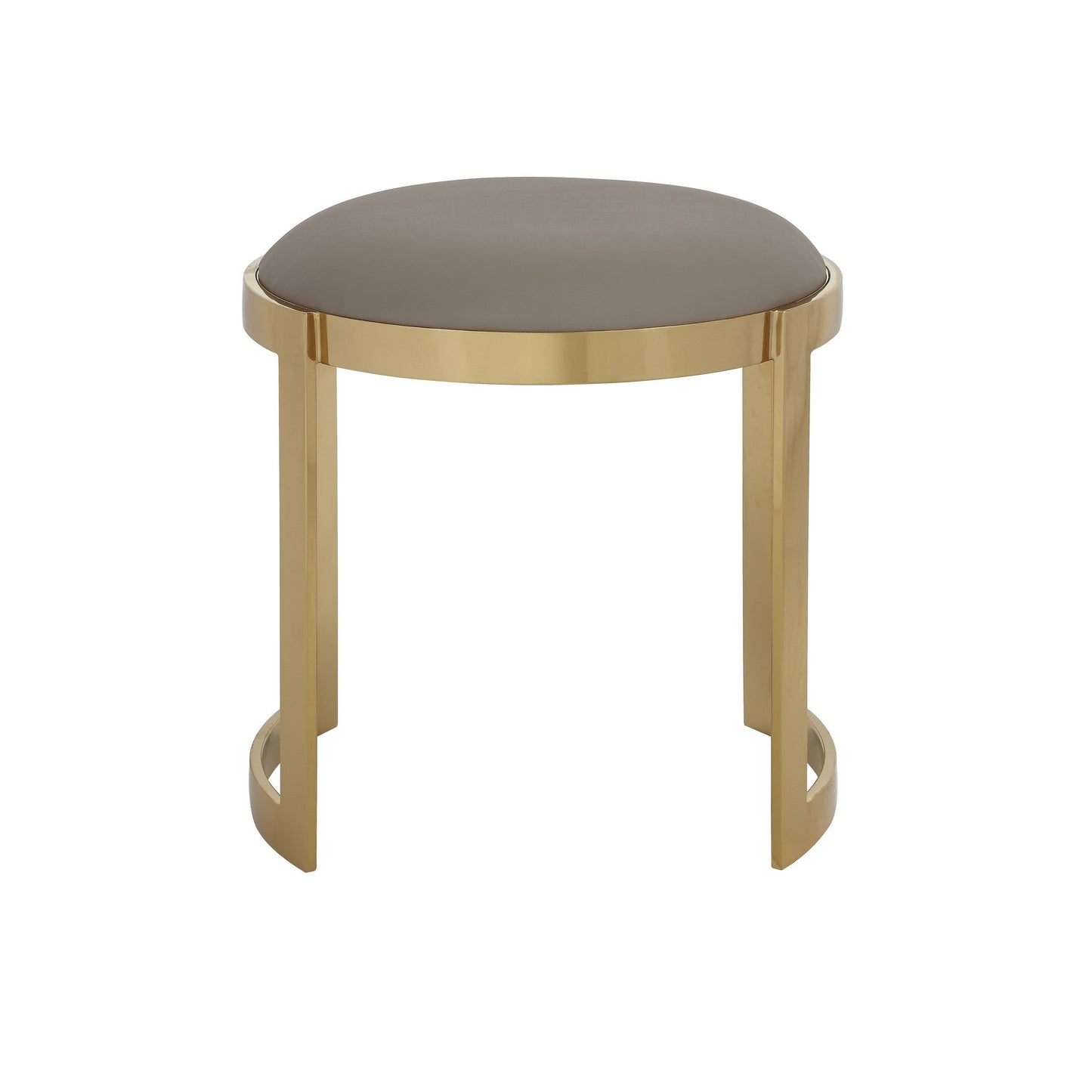 Niyo 19 Inch Ottoman Stool, Round Sand Faux Leather, Stainless Steel, Gold