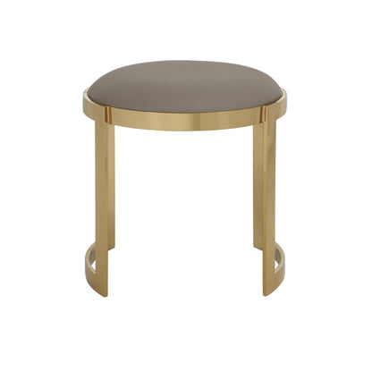 Niyo 19 Inch Ottoman Stool, Round Sand Faux Leather, Stainless Steel, Gold