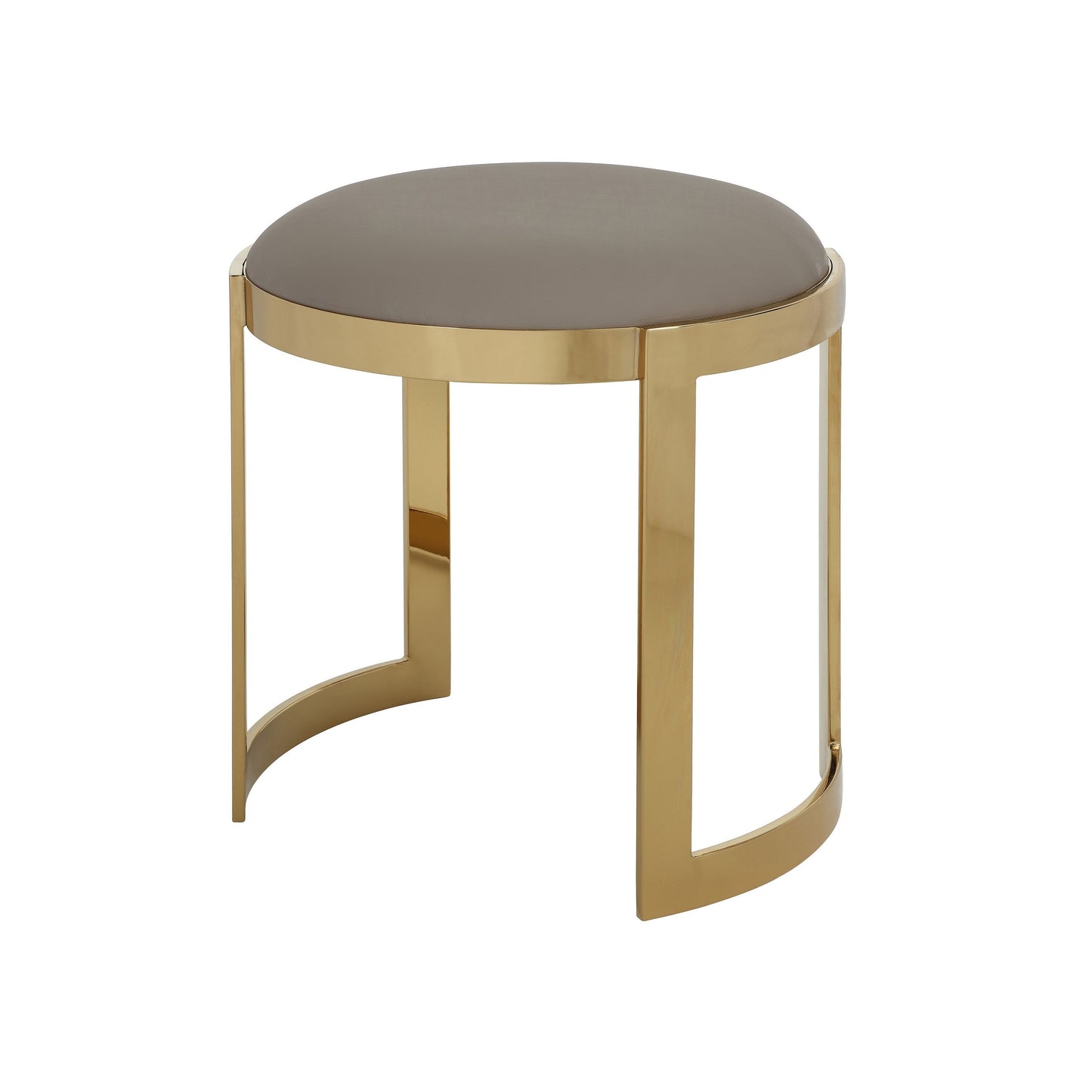 Niyo 19 Inch Ottoman Stool, Round Sand Faux Leather, Stainless Steel, Gold