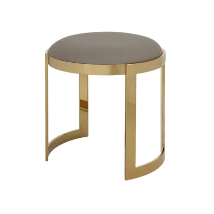 Niyo 19 Inch Ottoman Stool, Round Sand Faux Leather, Stainless Steel, Gold