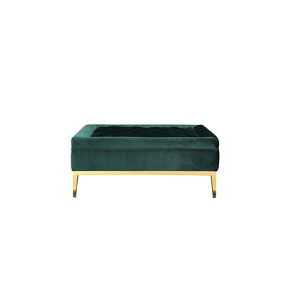 Vien 37 Inch Accent Ottoman, Square, Green Tuft Velvet, Gold Polished Steel