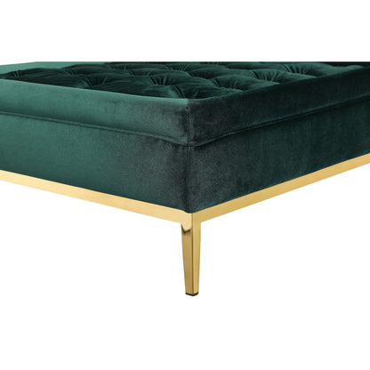 Vien 37 Inch Accent Ottoman, Square, Green Tuft Velvet, Gold Polished Steel