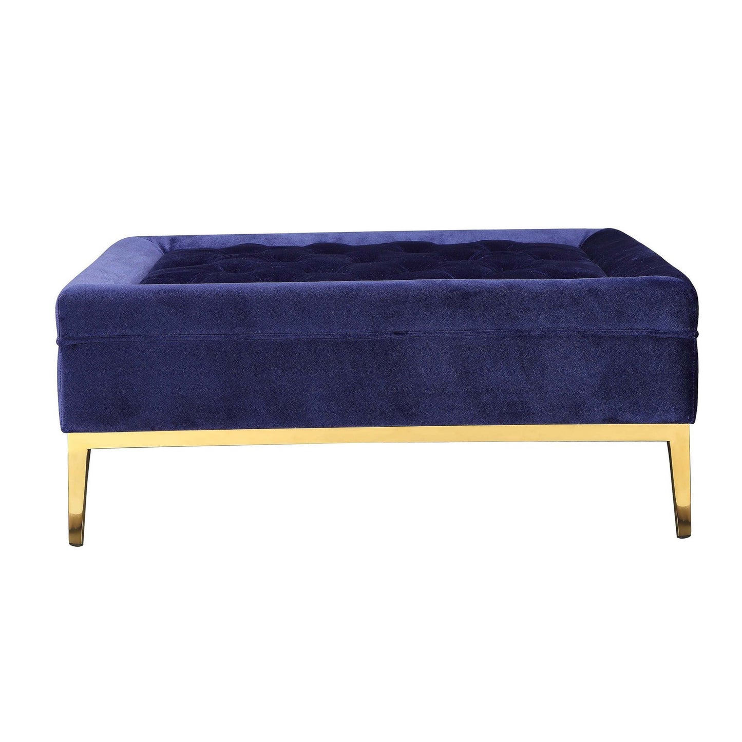 Vien 37 Inch Accent Ottoman, Square, Navy Tufted Velvet Gold Polished Steel
