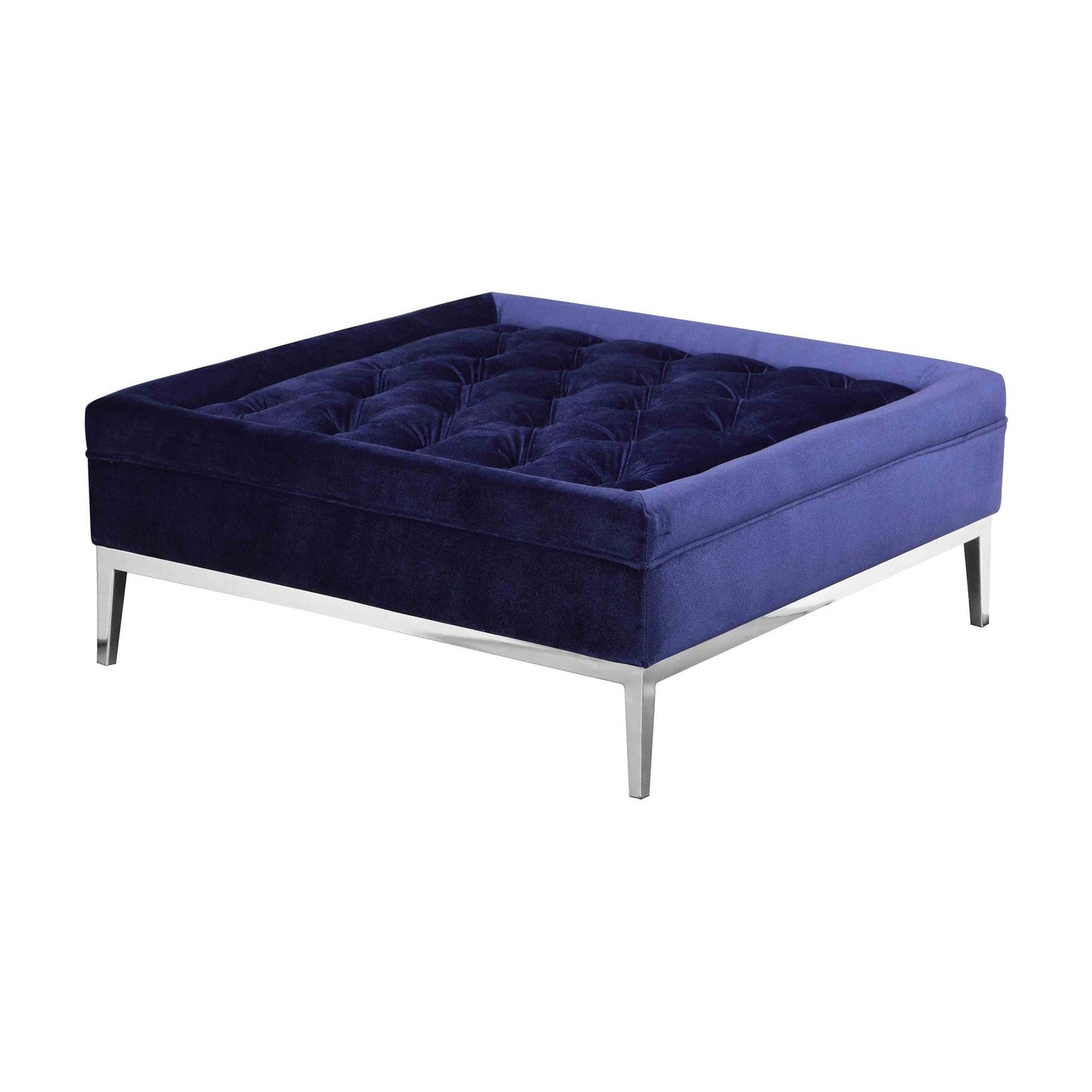 Vien 37 Inch Accent Ottoman, Square, Navy Tufted Velvet Gold Polished Steel