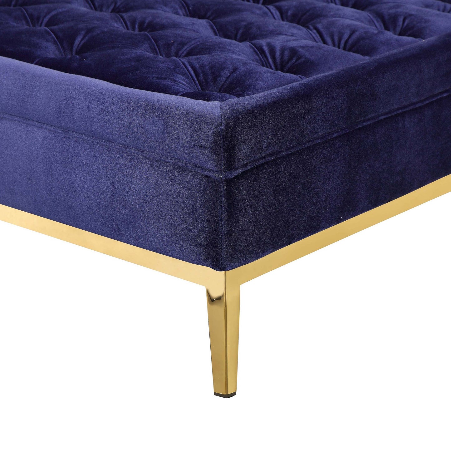 Vien 37 Inch Accent Ottoman, Square, Navy Tufted Velvet Gold Polished Steel