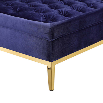 Vien 37 Inch Accent Ottoman, Square, Navy Tufted Velvet Gold Polished Steel