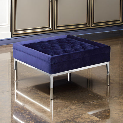 Vien 37 Inch Accent Ottoman, Square, Navy Tufted Velvet Gold Polished Steel