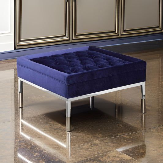 Vien 37 Inch Accent Ottoman, Square, Navy Tufted Velvet Gold Polished Steel