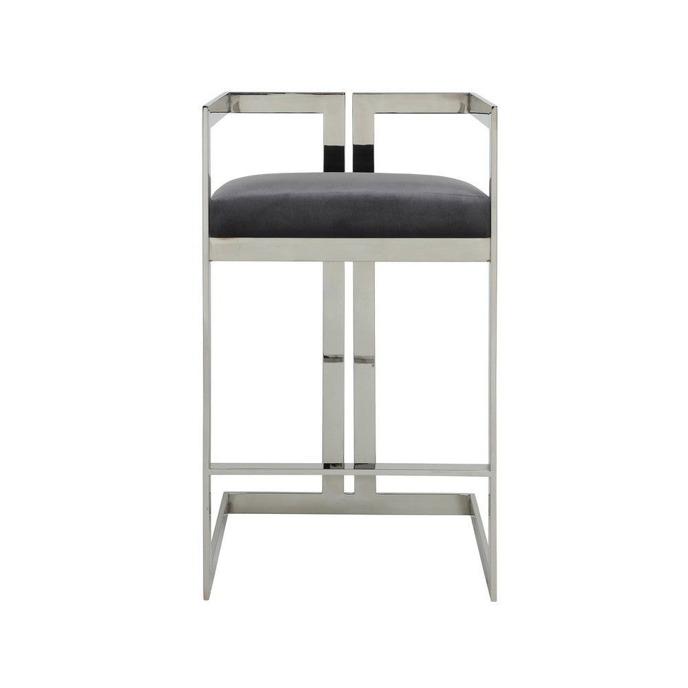 Suki 30 Inch Barstool Chair, Gray Velvet Seat, Silver Stainless Steel