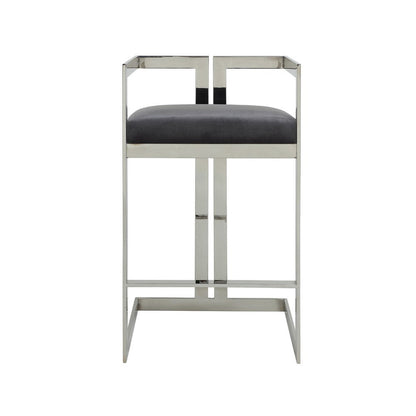 Suki 30 Inch Barstool Chair, Gray Velvet Seat, Silver Stainless Steel
