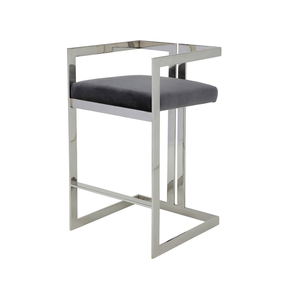 Suki 30 Inch Barstool Chair, Gray Velvet Seat, Silver Stainless Steel