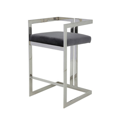 Suki 30 Inch Barstool Chair, Gray Velvet Seat, Silver Stainless Steel